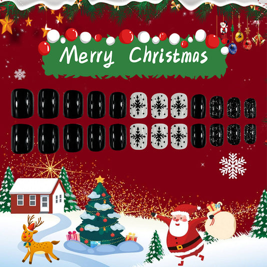 Festive Winter Wonderland Square Black and White Press On Short Nail Set with Snowflake Design and Glossy Finish