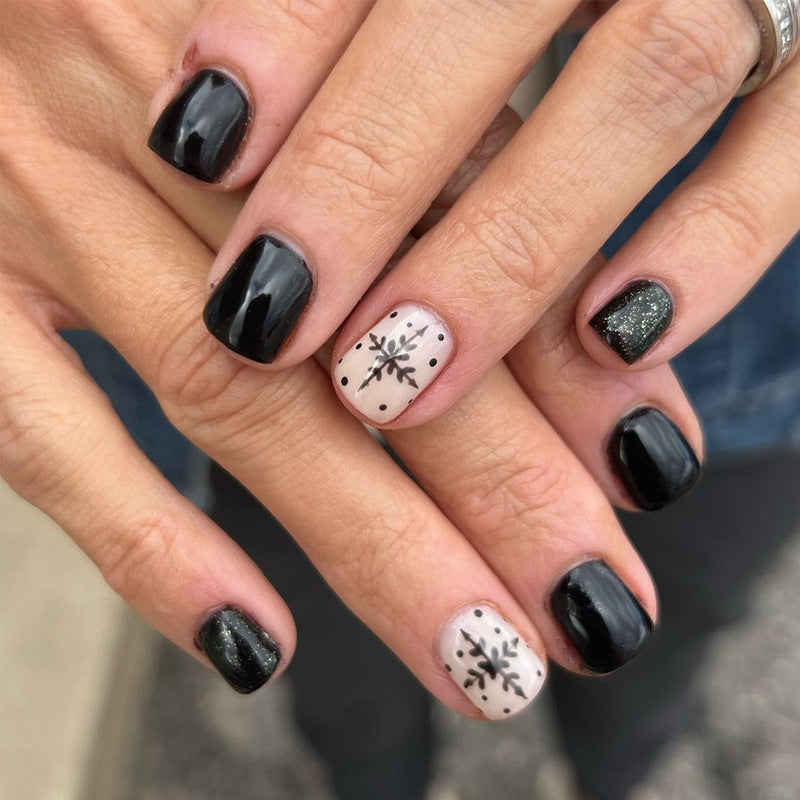Winter Wonderland Short Square Black and Beige Press On Nail Set with Snowflake Accent Design