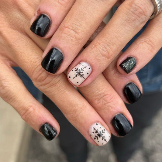 Winter Wonderland Short Square Black and Beige Press On Nail Set with Snowflake Accent Design