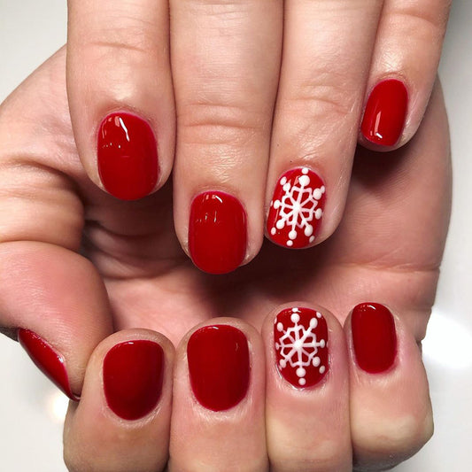 Winter Wonderland Short Oval Red Press On Nail Set with Snowflake Design