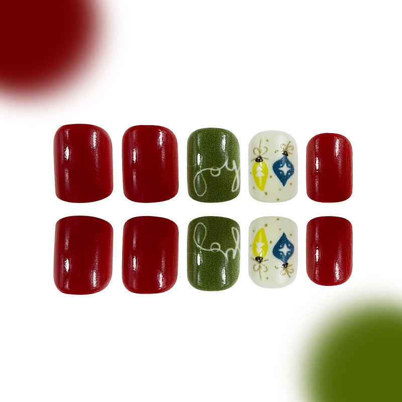 Holiday Cheer Short Oval Red and Green Joy Ornament Design Press-On Nail Set