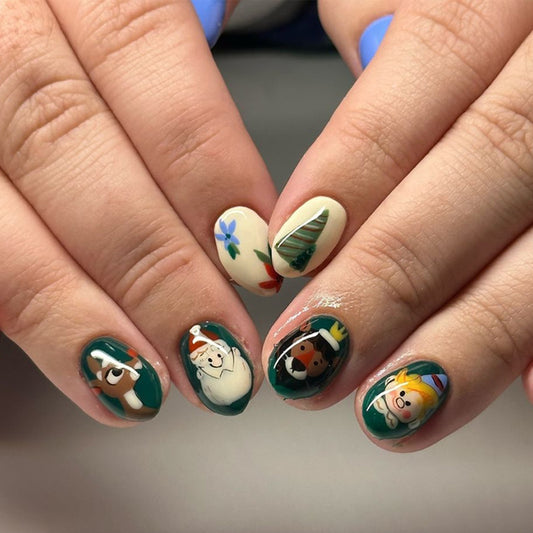 Nail art with cartoon characters on a neutral background