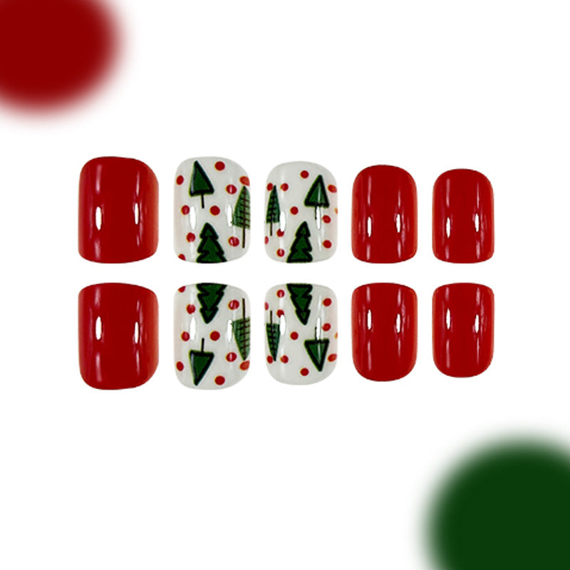 Festive Cheer Short Oval Red and White Press On Nail Set with Christmas Tree Design