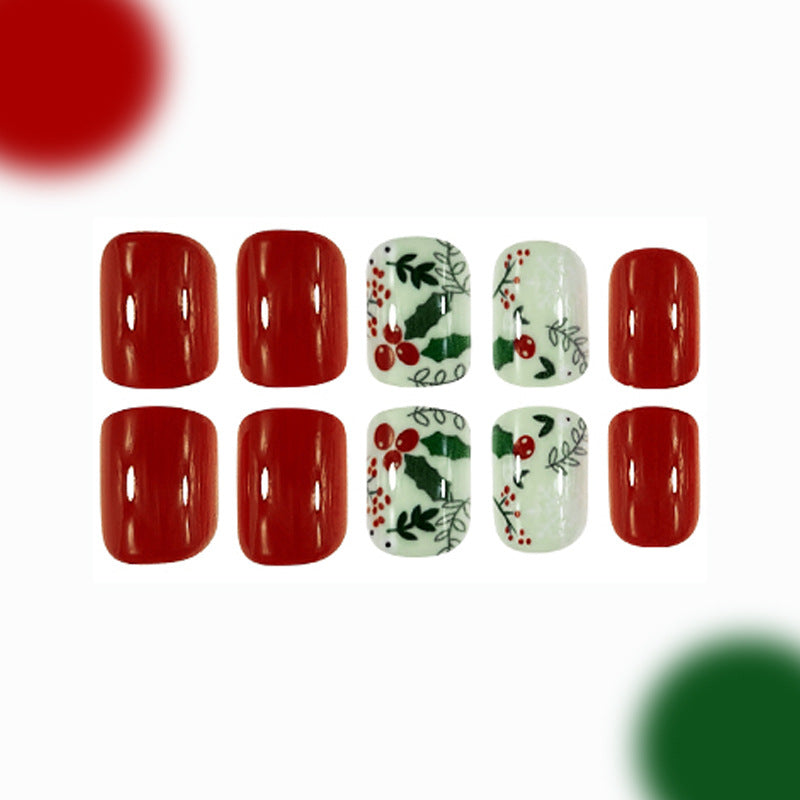 Festive Holiday Cheer Press On Nail Set Medium Square Red and White with Holly Berry Design