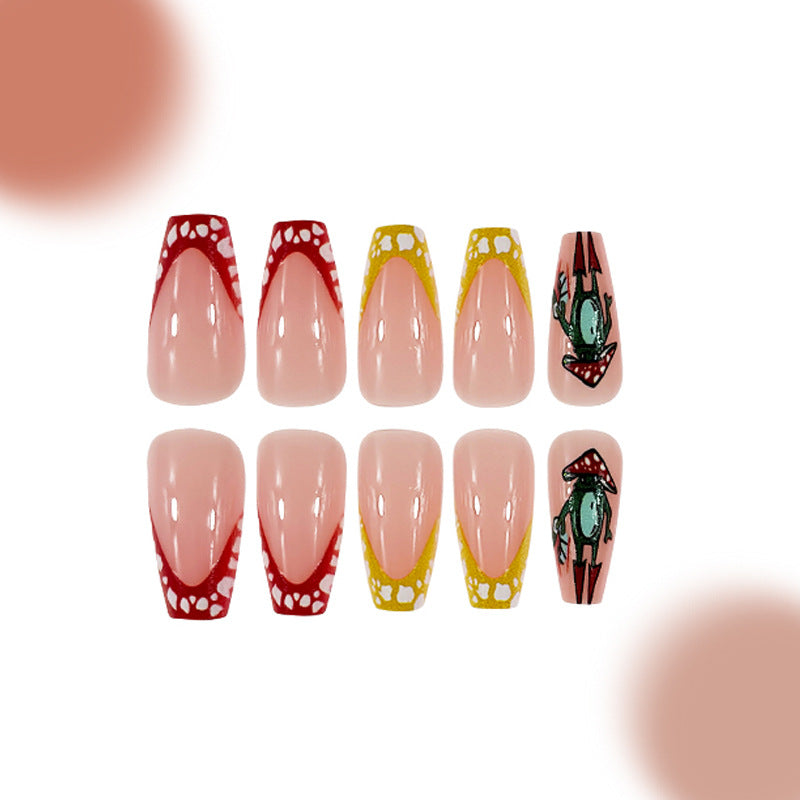 Mystical Forest Vibes Long Coffin Pink and Red Nail Set with Unique Frog and Mushroom Design
