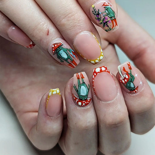 Nails with colorful designs of a person watering plants and mushrooms on a light background