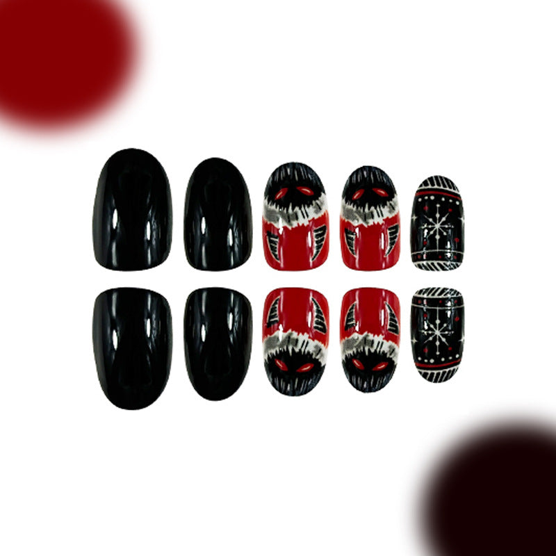 Gothic Elegance Medium Oval Black and Red Press On Nail Set with Unique Haunting Art Design