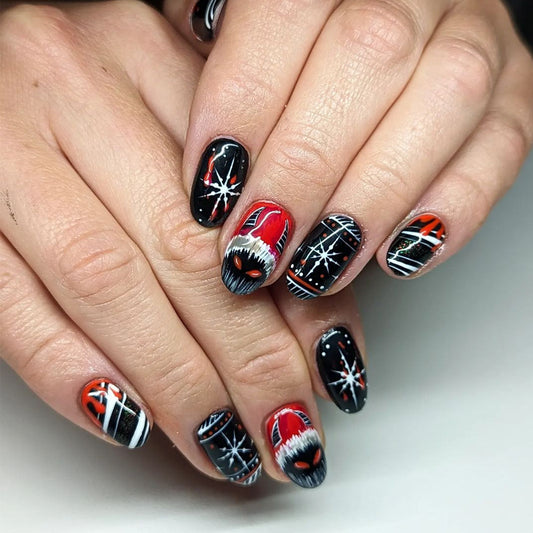 Spooky Holiday Glam Medium Oval Press On Nail Set Black and Red with Festive Illustrated Features