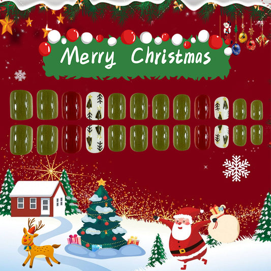 Festive Forest Vibes Short Square Green and Red Nail Set with Charming Tree Design