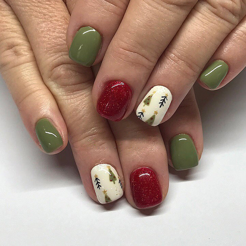 Festive Holiday Cheer Square Press On Short Nail Set Green Red White with Glitter and Christmas Tree Design