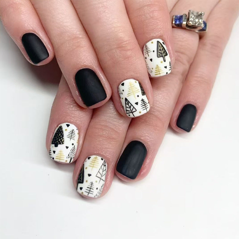 Forest Whisper Matte Short Square Black and White Press On Nail Set with Unique Tree Pattern Design