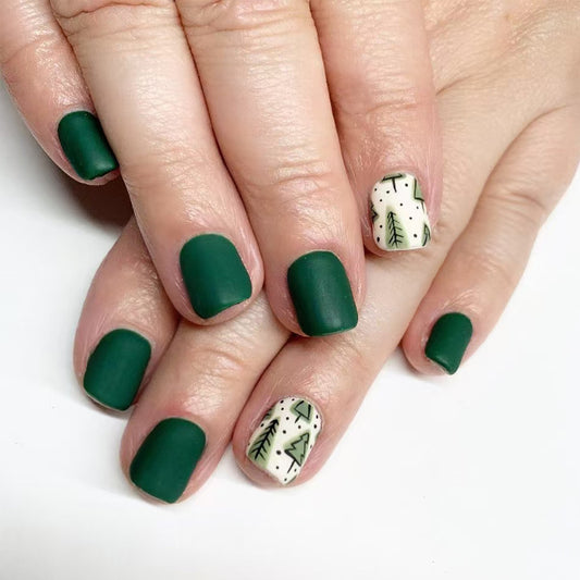 Winter Wonderland Matte Green Square Press On Short Nail Set with Unique Tree Design Accent Nail