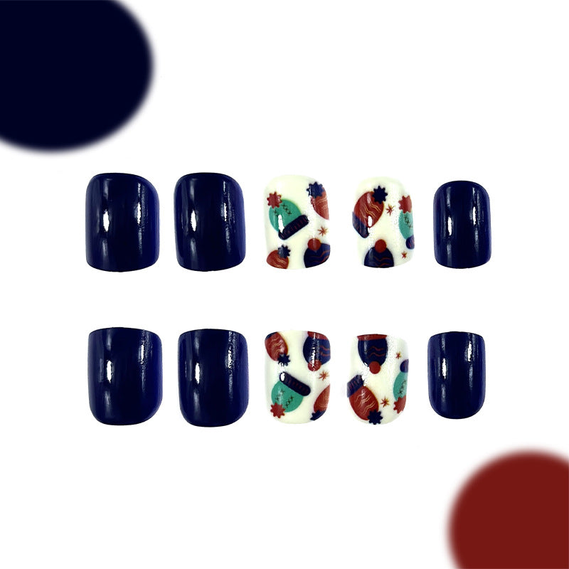 Cozy Autumn Vibes Short Square Navy Blue Press On Nail Set with Festive Acorn and Pumpkin Designs