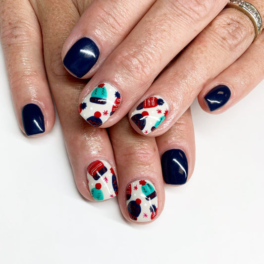 Winter Wonderland Short Square Dark Blue and Festively Patterned Press On Nail Set with Cozy Holiday Design