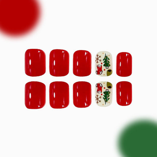 Red nail polish samples with Christmas-themed designs on a white background