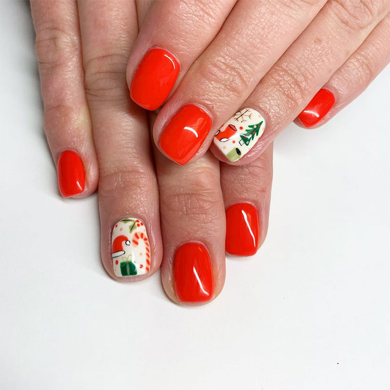 Festive Holiday Vibes Short Square Bright Red Press On Nail Set with Whimsical Winter Design