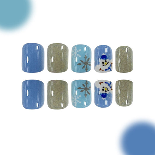 Winter Wonderland Press On Nail Set Short Square Blue and Green with Snowman Design