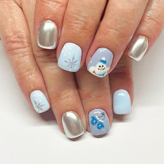 Winter Wonderland Short Square Blue Silver Nail Set with Festive Snowman Design