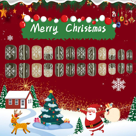 Christmas Wonderland Medium Square Matte Green and Beige Press On Nail Set with Snowflake Design