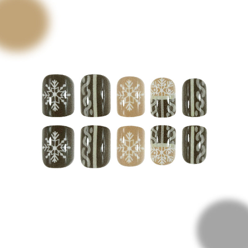 Winter Wonderland Medium Square Press On Nail Set in Brown and Beige with Intricate Snowflake and Cable Knit Designs