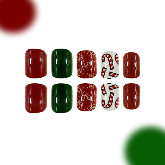 Festive Wonderland Short Square Deep Red and Green Press-On Nail Set with Candy Cane and Holiday Text Design