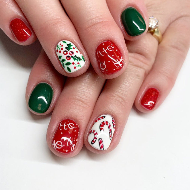 Festive Holiday Glamour Short Square Red and Green with Candy Cane and Holly Detail Press-On Nail Set