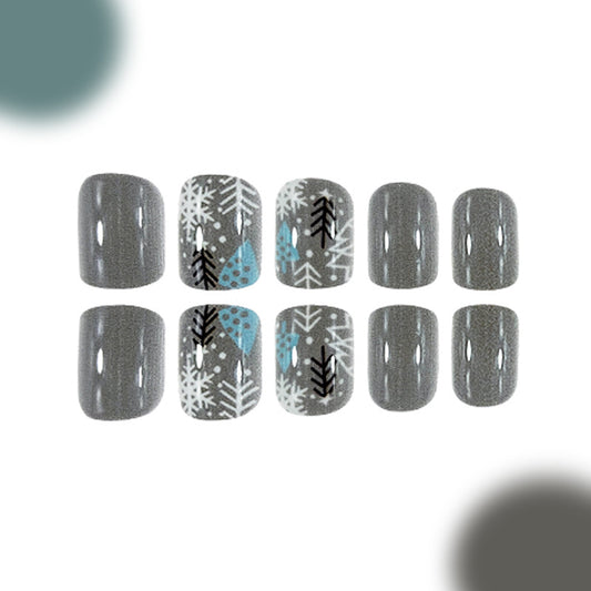 Winter Wonderland Short Square Gray Nails with Snowflake and Leaf Design