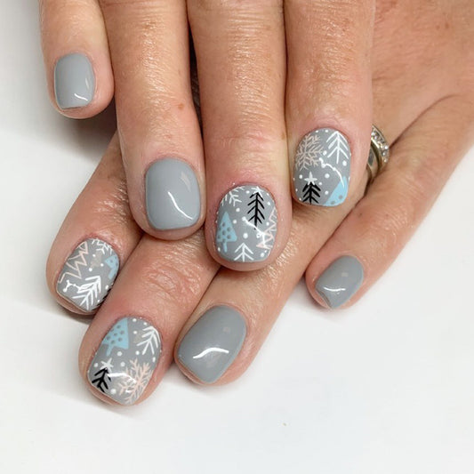 Winter Wonderland Short Squoval Gray Nail Set with Snowflake and Tree Design