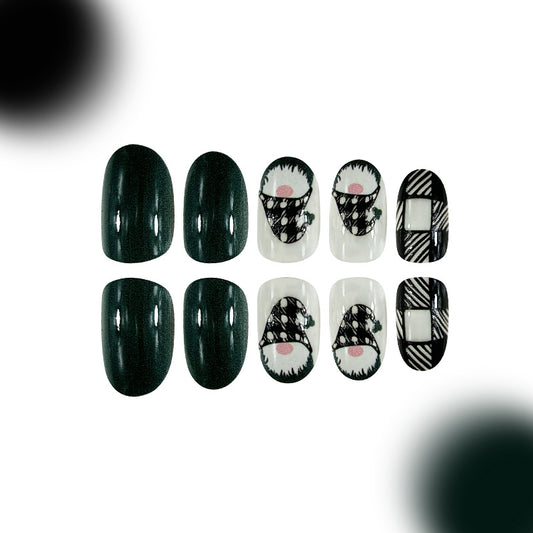 Haunting Elegance Short Oval Dark Green Press-On Nail Set with Unique Graphic Design