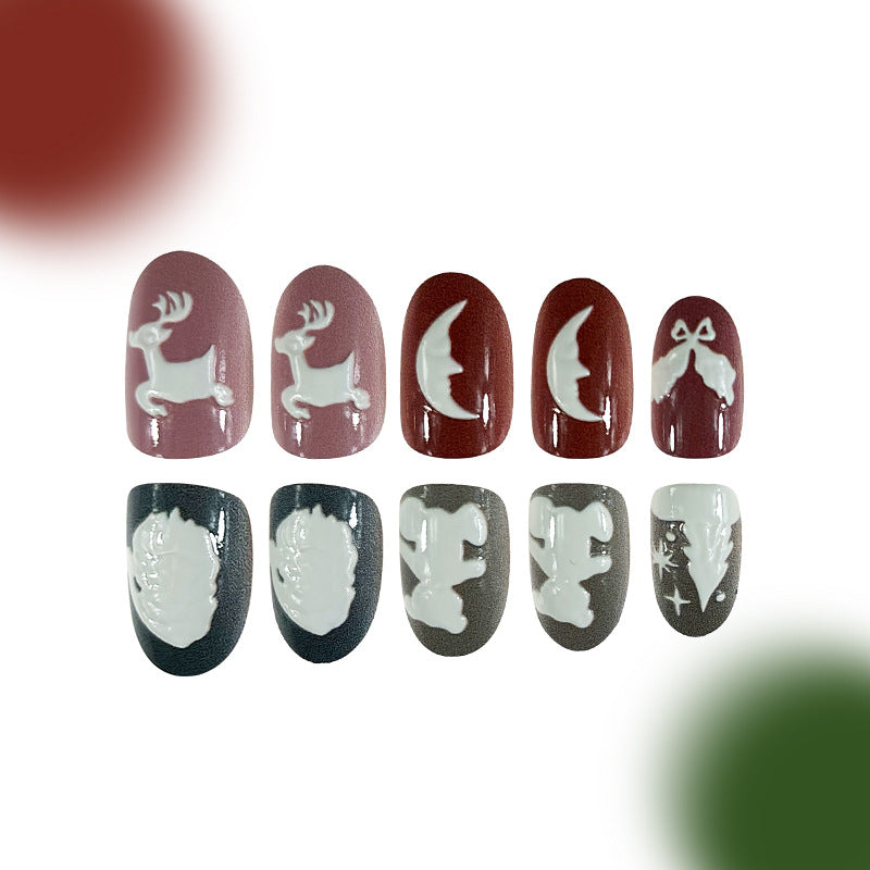 Festive Winter Charm Short Oval Burgundy and Gray Press On Nail Set with Whimsical Holiday Designs