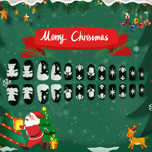 Festive Black Short Oval Press On Nail Set Featuring Charming White Christmas Icons and Elegant Seasonal Designs
