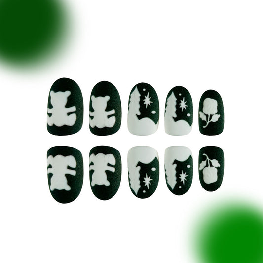 Charming Nighttime Delight Press On Nail Set in Short Oval Shape Rich Matte Black with Whimsical White Designs