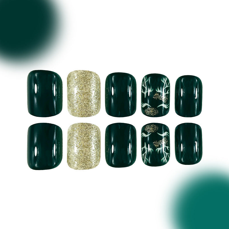 Enchanting Forest Green Short Square Press On Nail Set with Shimmering Gold Accent and Intricate Tree Design
