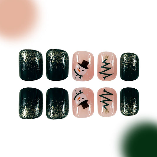 Winter Wonderland Glittery Short Square Press On Nail Set in Deep Green with Festive Snowman and Christmas Tree Designs