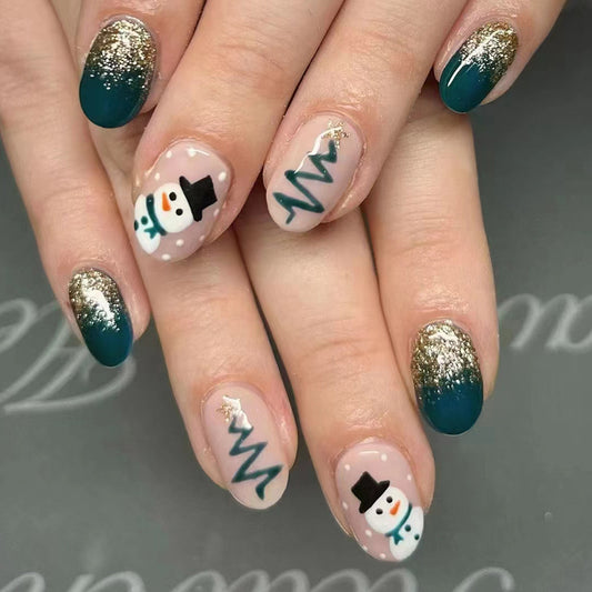 Winter Wonderland Short Oval Green and Beige Press on Nail Set with Glitter and Festive Snowman Design