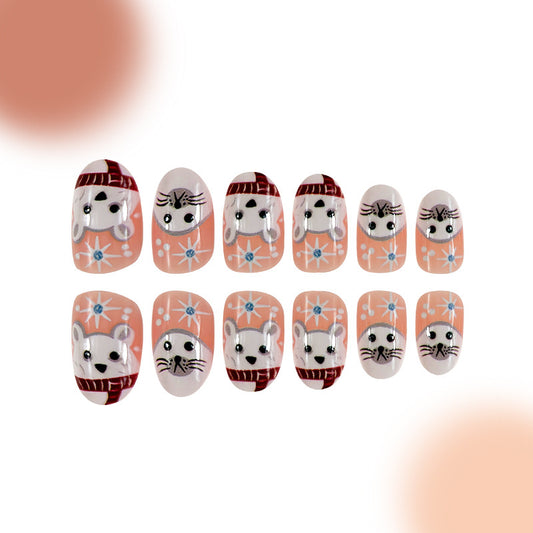 Charming Winter Wonderland Short Round Peach Press-On Nail Set with Adorable Cat Design and Sparkling Accents