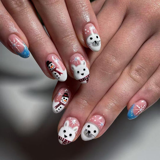 Winter Wonderland Short Almond Pink and White Nail Set with Charming Winter Animal Art