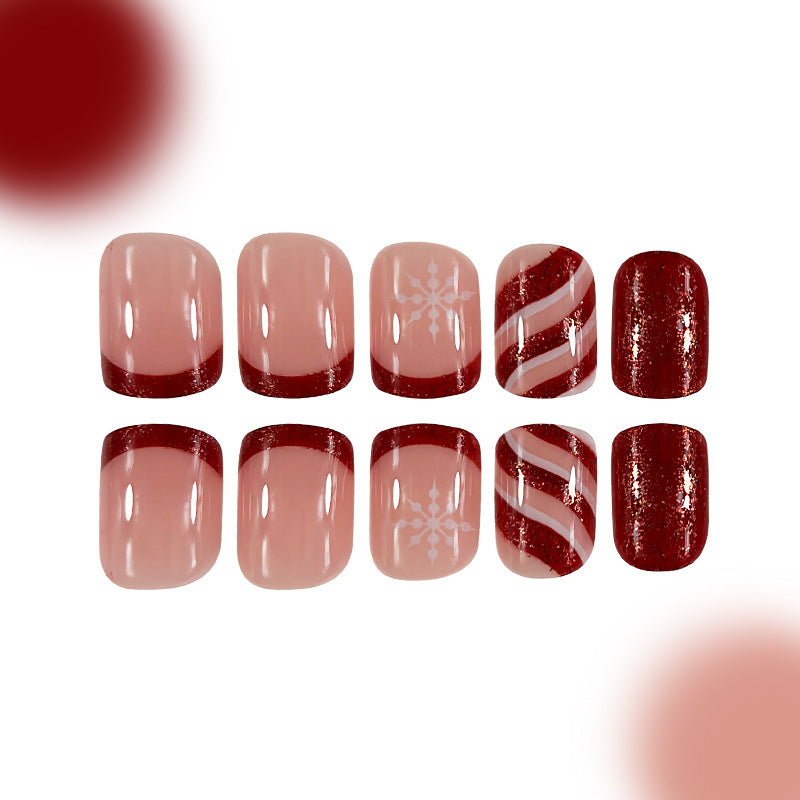 Festive Winter Wonderland Short Square Burgundy and Blush Nail Set with Sparkling Accents and Snowflake Design