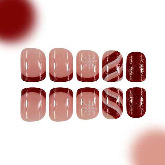 Festive Winter Wonderland Short Square Burgundy and Blush Nail Set with Sparkling Accents and Snowflake Design