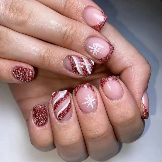 Winter Wonderland Short Square Pink Glittering Press On Nail Set with Snowflake and Candy Stripe Design