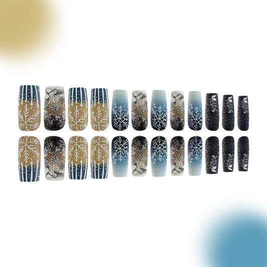 Winter Wonderland Medium Square Blue and Brown Gradient Press-On Nail Set with Intricate Snowflake Design