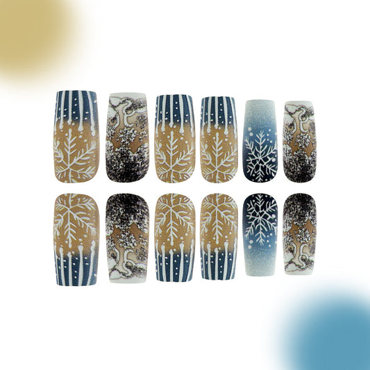 Winter Wonderland Press On Nail Set Medium Square Blue and Gold with Frosted Snowflake Design