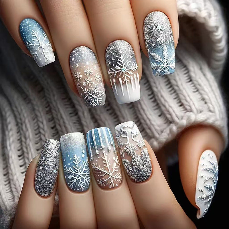 Winter Wonderland Medium Square Light Blue and White Snowflake Press On Nail Set with Sparkling Glitter Finish