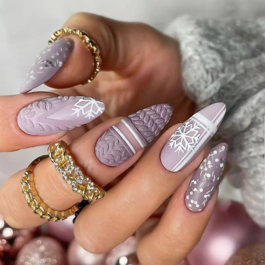 Winter Wonderland Medium Almond Shaped Light Purple Press On Nail Set with Textured Patterns and Snowflake Design