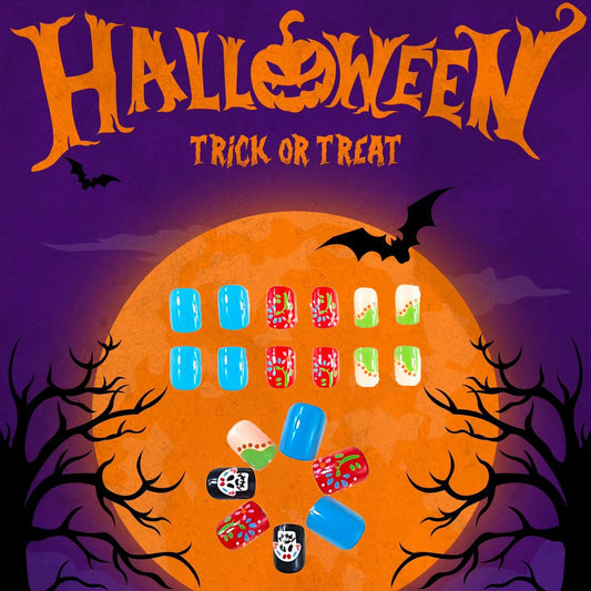 Halloween Themed Short Oval Nail Set in Vibrant Blue Red and Green with Fun Skull and Flower Designs