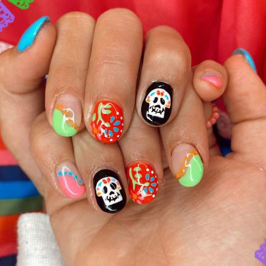 Day of the Dead Inspired Short Oval Colorful Skull Press On Nail Set With Floral Designs