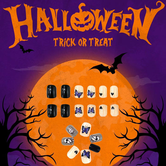Halloween Themed Extra Short Oval Black and Cream Press On Nail Set with Butterfly and Skull Designs