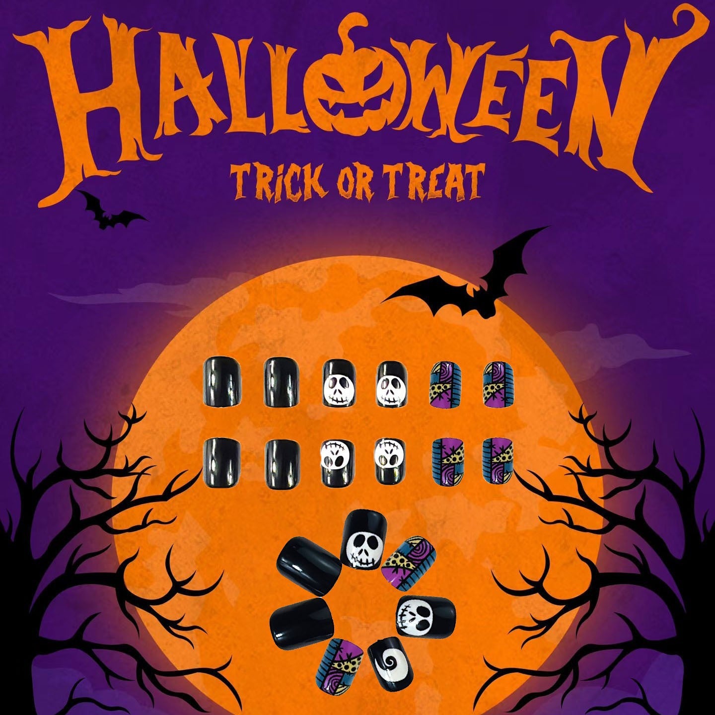 Halloween Spooktacular Press On Nail Set Medium Square Black With Fun Skull And Colorful Halloween Designs