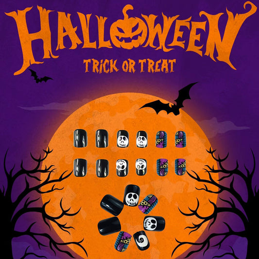 Halloween Spooktacular Press On Nail Set Medium Square Black With Fun Skull And Colorful Halloween Designs