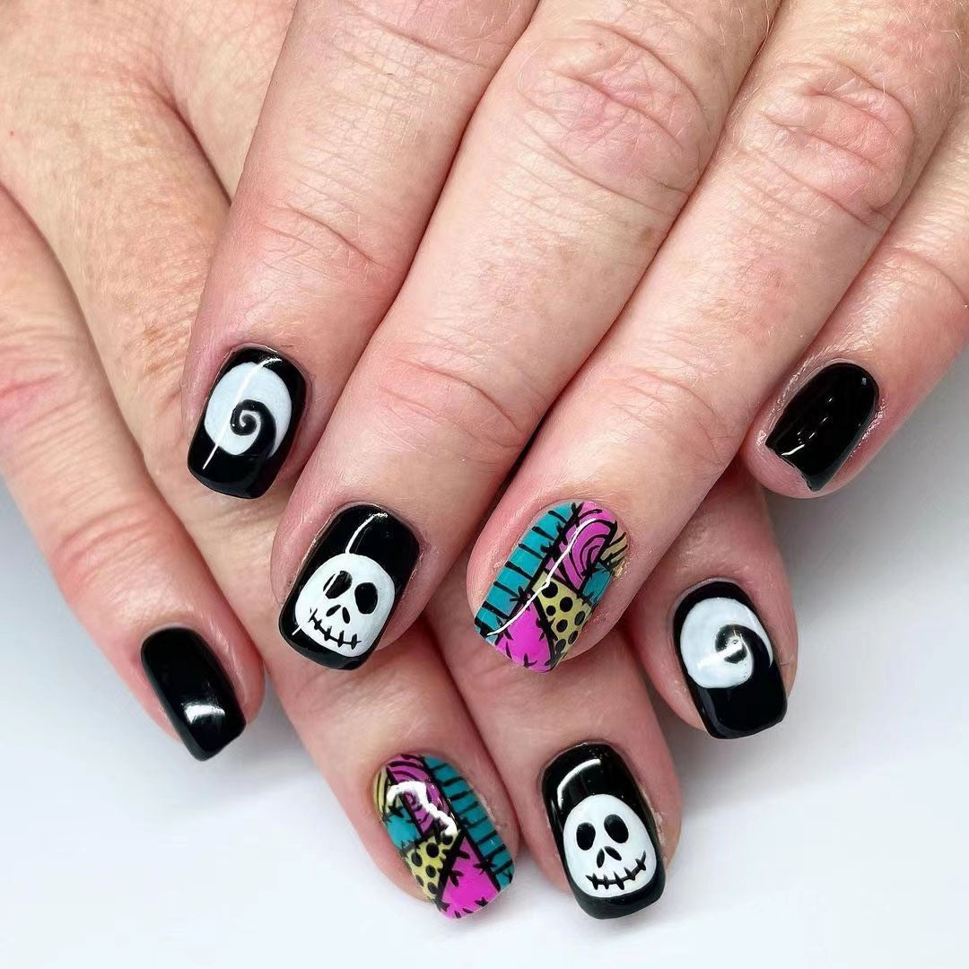 Spooky Halloween Press On Nail Set Medium Square Shape Glossy Black And Colorful Skull Art Design
